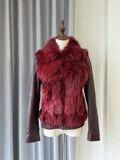 Wine red cropped jacket constructed with plush fox fur on front and collar,