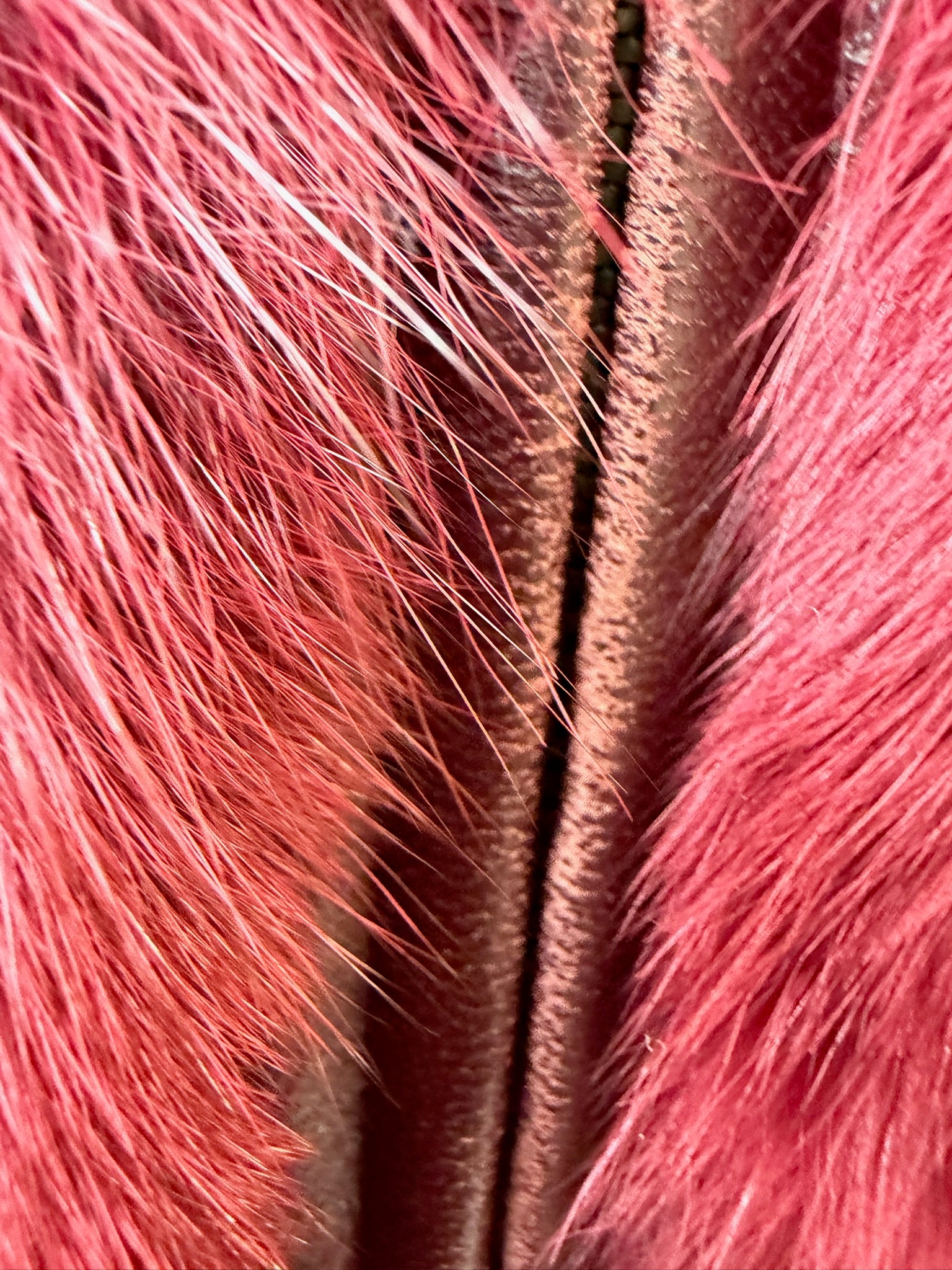Wine red cropped jacket constructed with plush fox fur on front and collar,