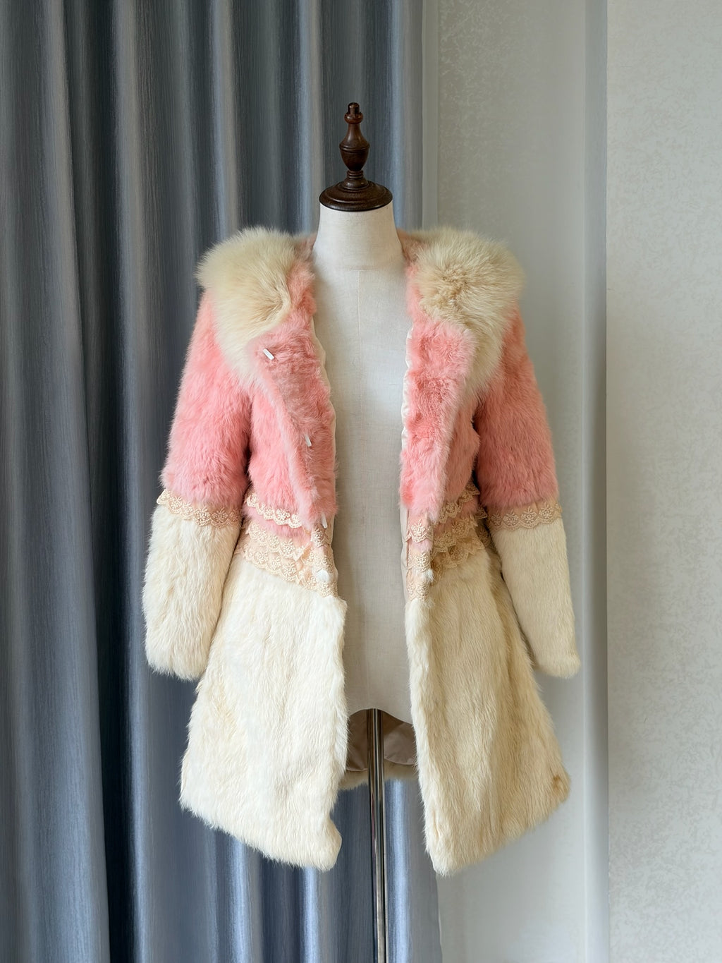 Two-tone pink cream vintage rabbit fur coat from the 00s