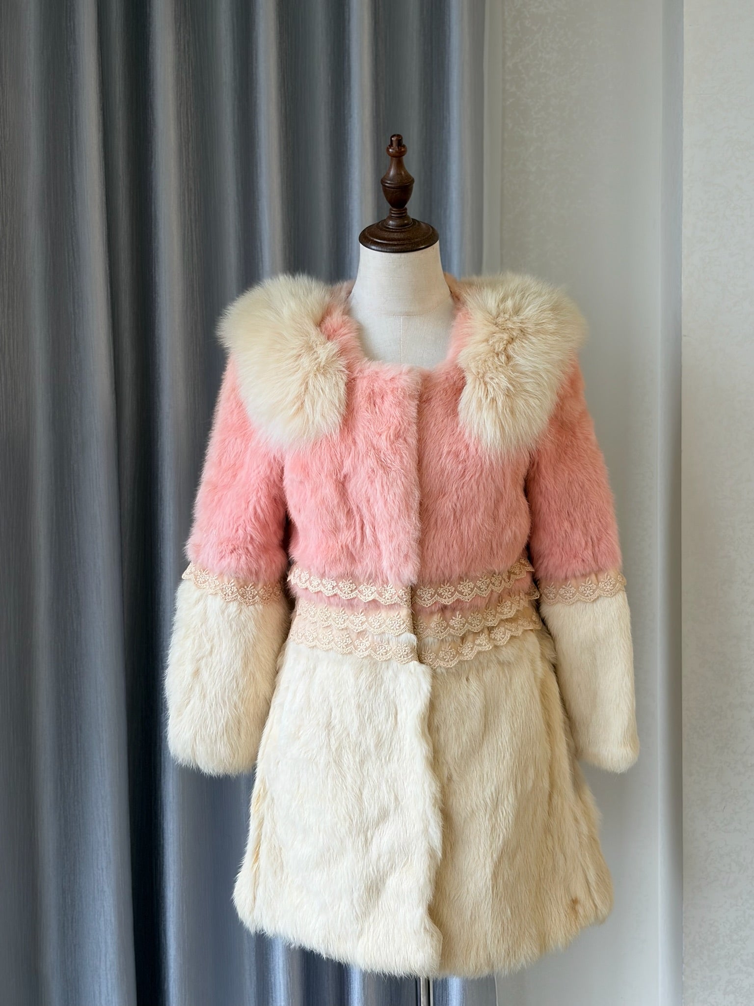Two-tone pink cream vintage rabbit fur coat from the 00s