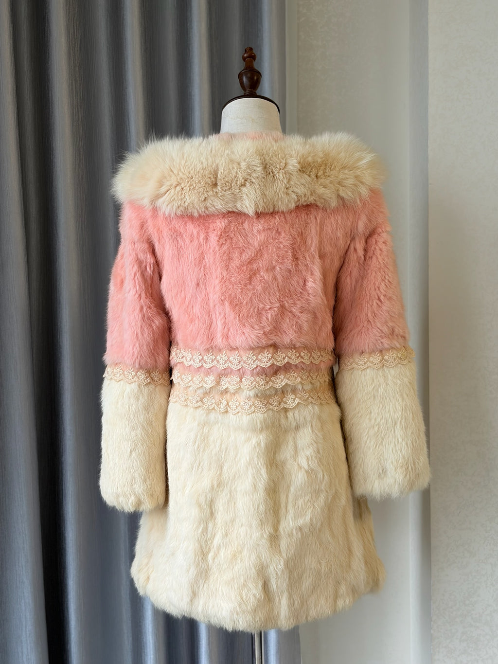 Two-tone pink cream vintage rabbit fur coat from the 00s