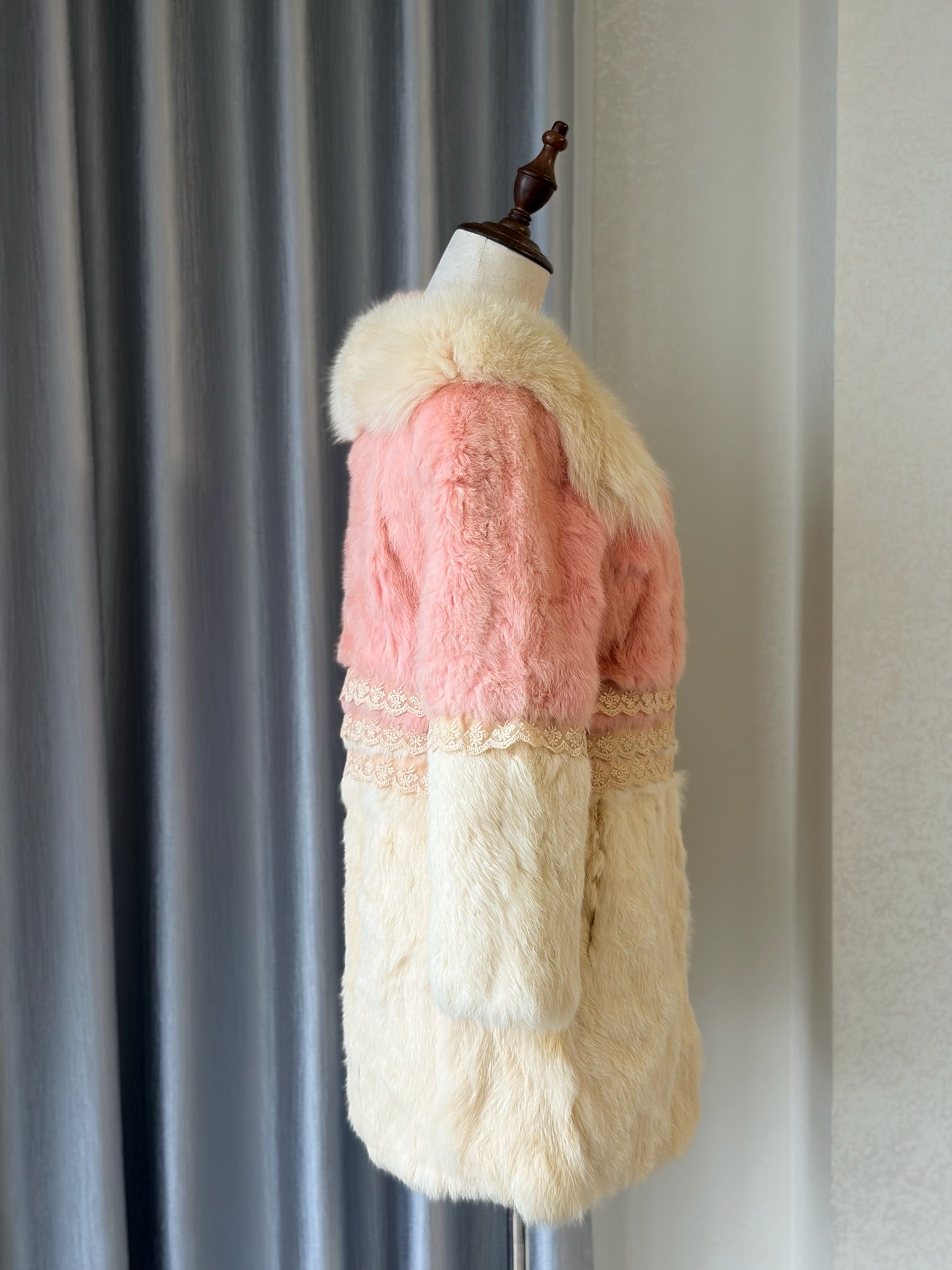 Two-tone pink cream vintage rabbit fur coat from the 00s