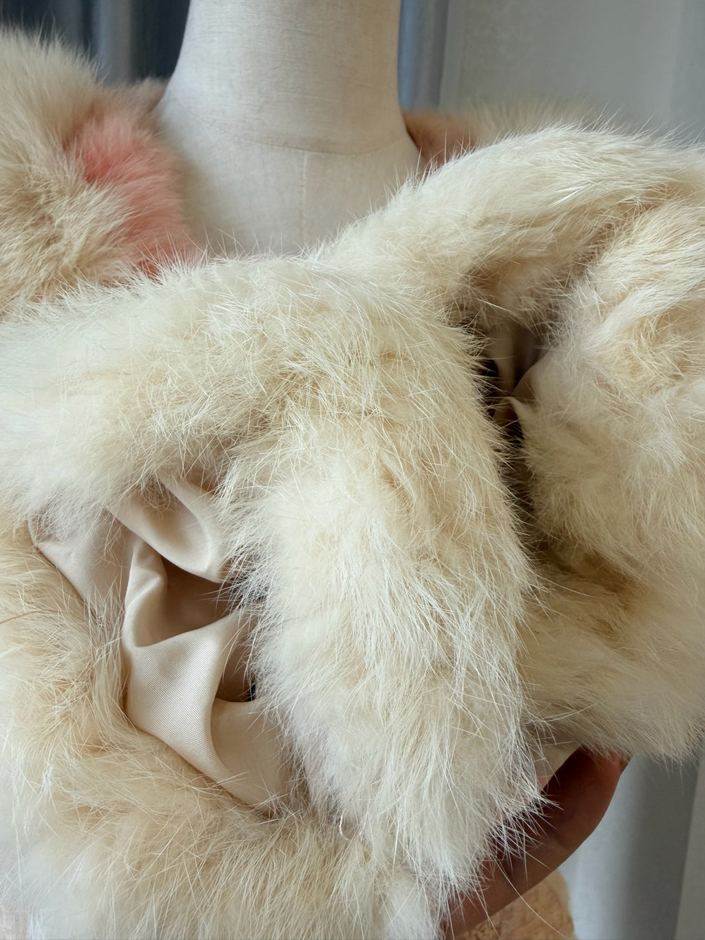 Two-tone pink cream vintage rabbit fur coat from the 00s