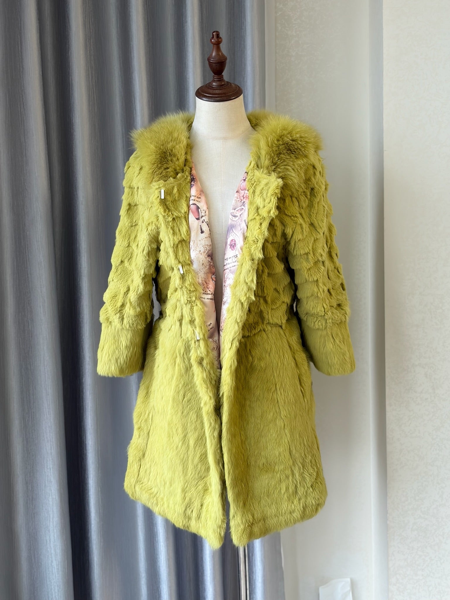 Mustard green rabbit fur textured mid-length fur coat features fluffy shoulder trim,