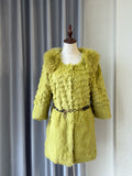 Mustard green rabbit fur textured mid-length fur coat features fluffy shoulder trim,