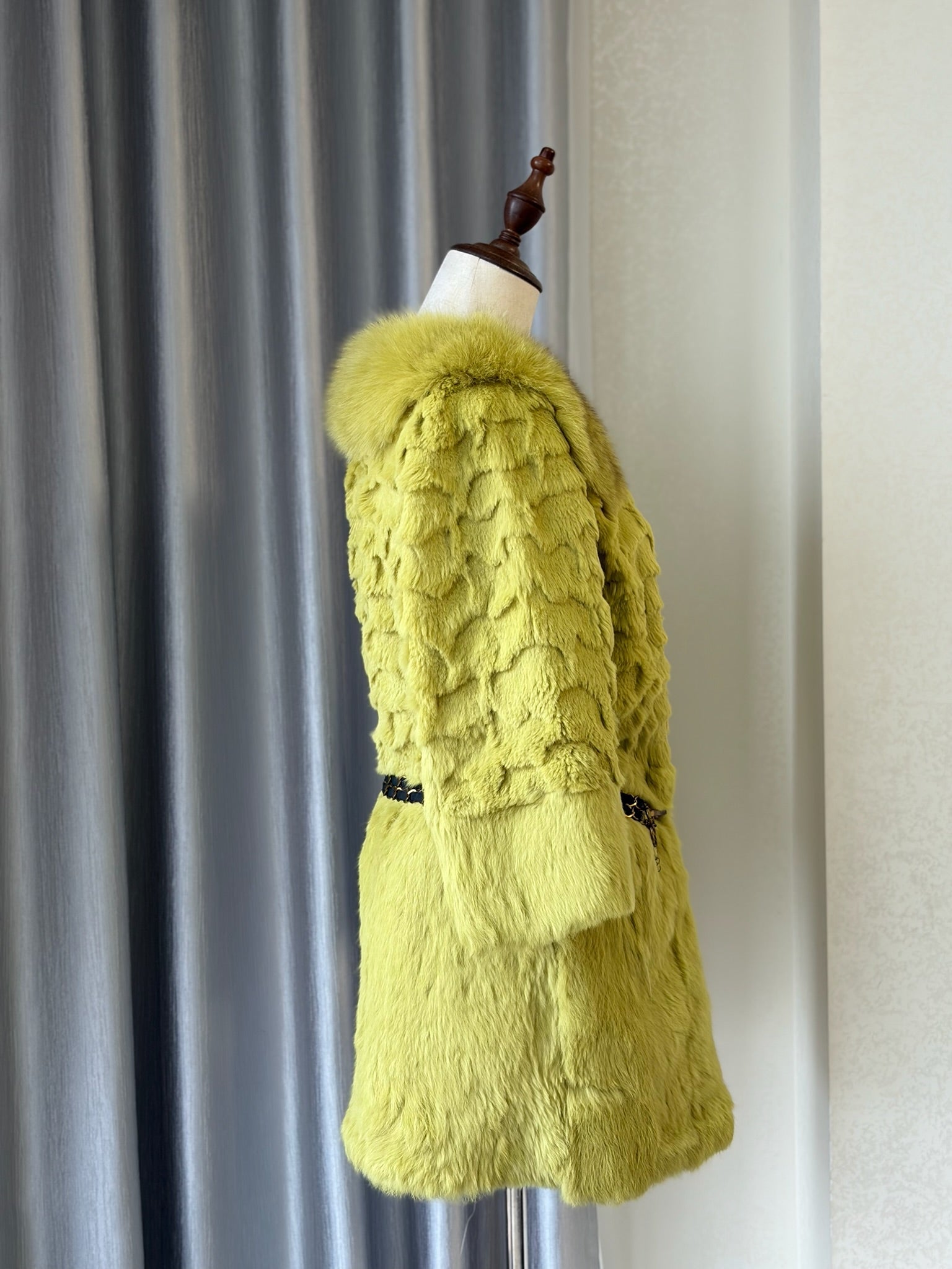 Mustard green rabbit fur textured mid-length fur coat features fluffy shoulder trim,