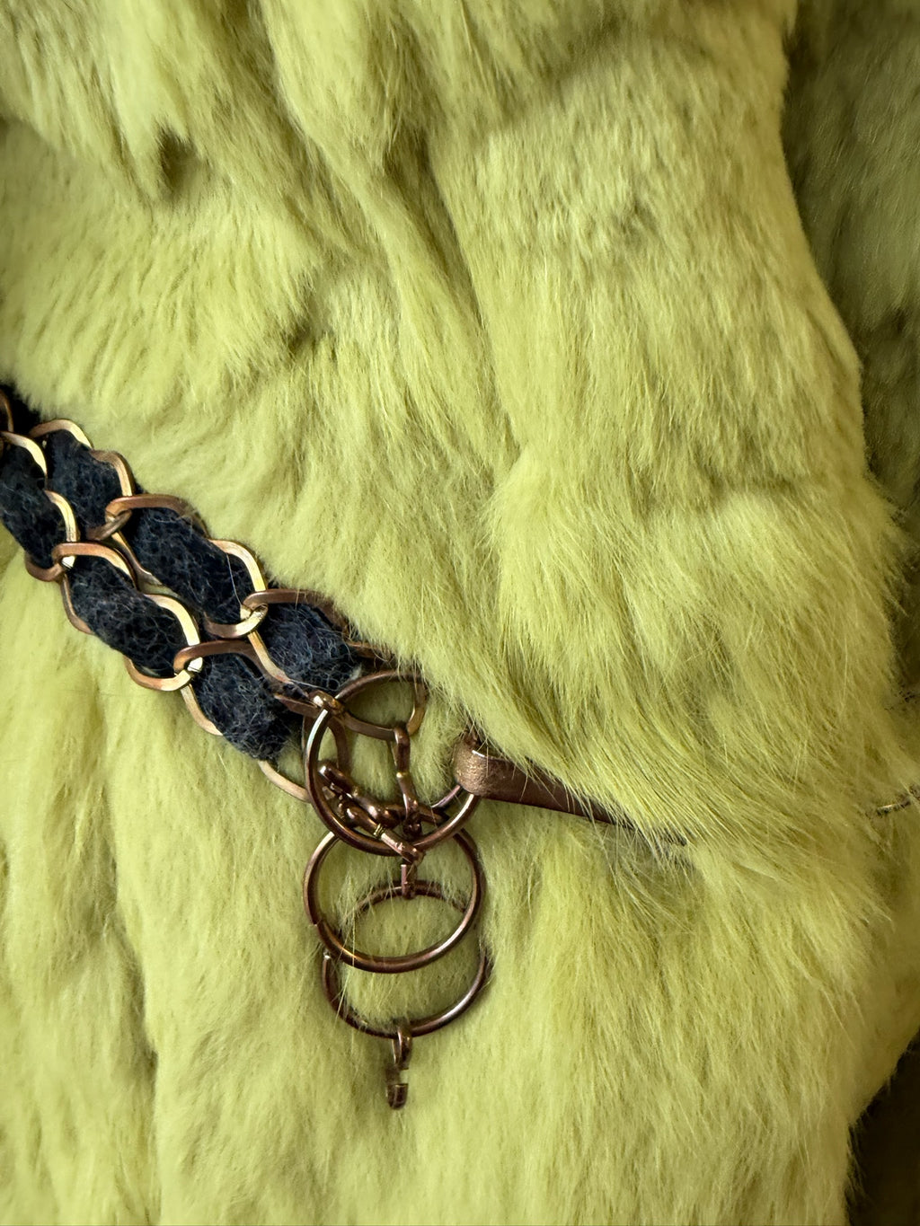 Mustard green rabbit fur textured mid-length fur coat features fluffy shoulder trim,