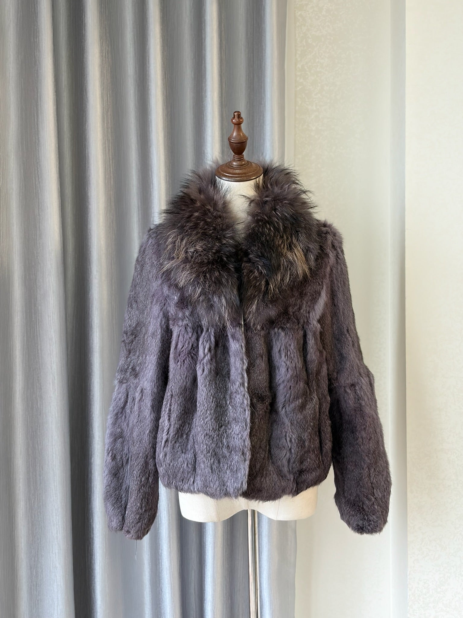 Grey-purple rabbit fur cropped jacket with oversized raccoon fur collar,