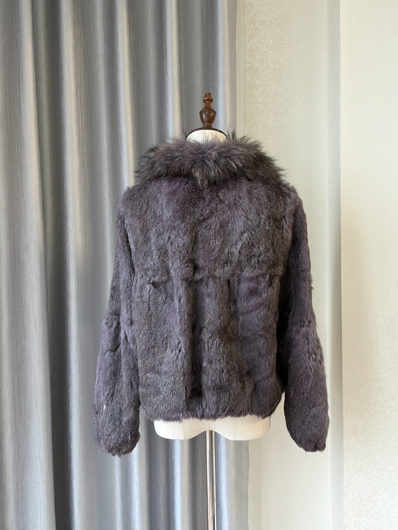 Grey-purple rabbit fur cropped jacket with oversized raccoon fur collar,
