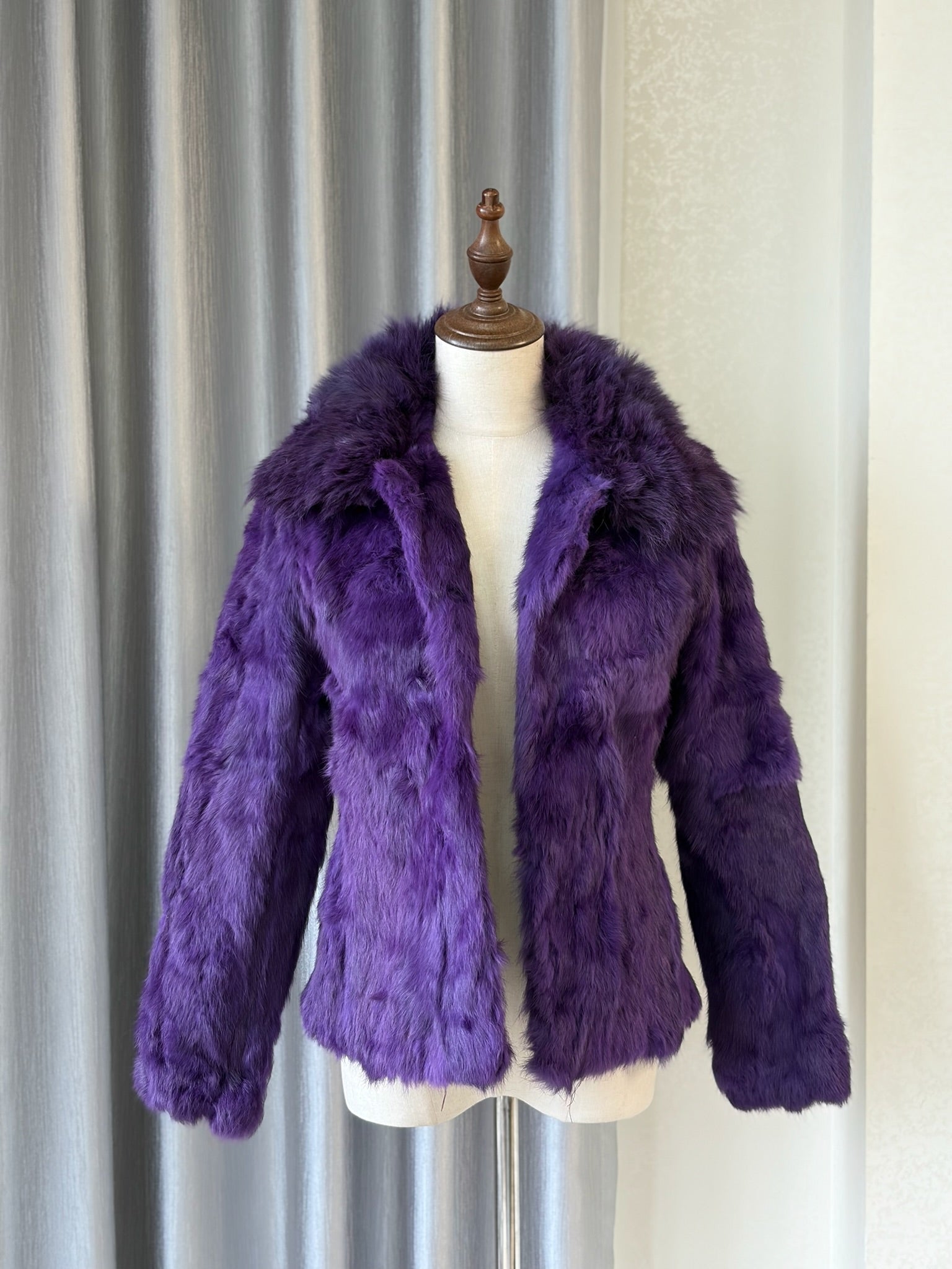 Rich deep purple rabbit fur cropped jacket fitted with fluffy wide turn-down collar