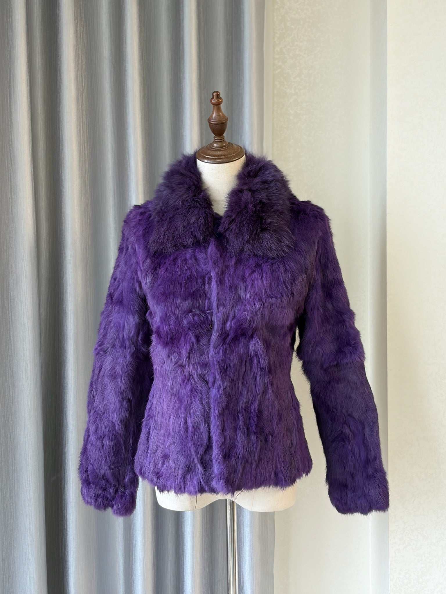 Rich deep purple rabbit fur cropped jacket fitted with fluffy wide turn-down collar