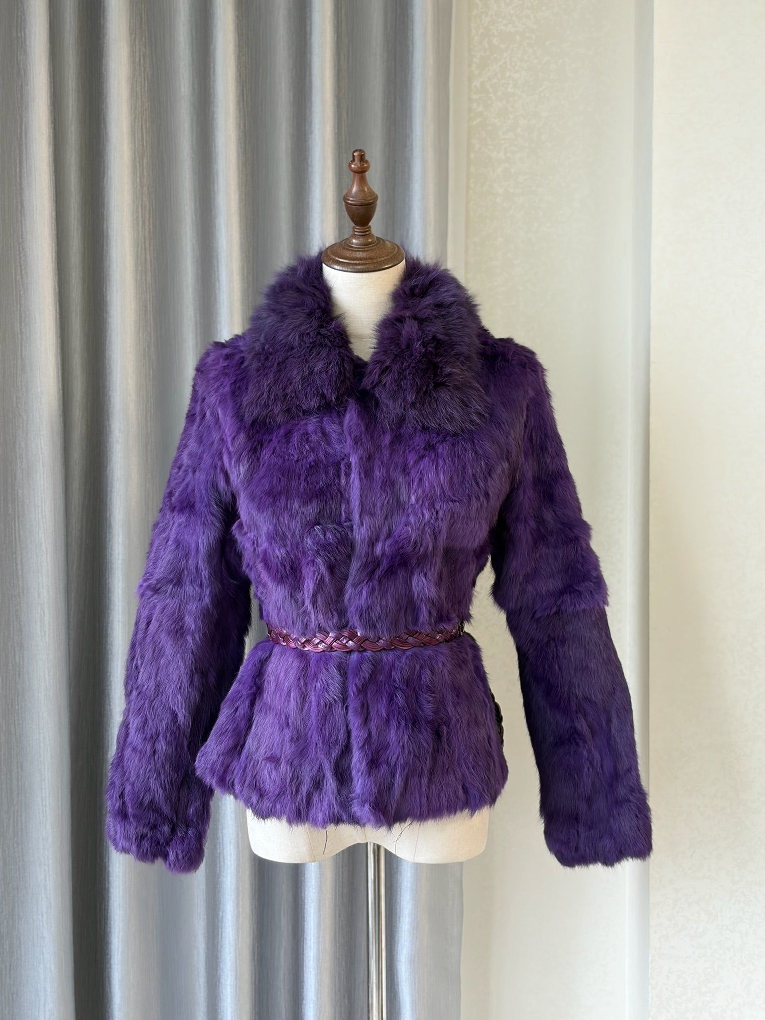 Rich deep purple rabbit fur cropped jacket fitted with fluffy wide turn-down collar