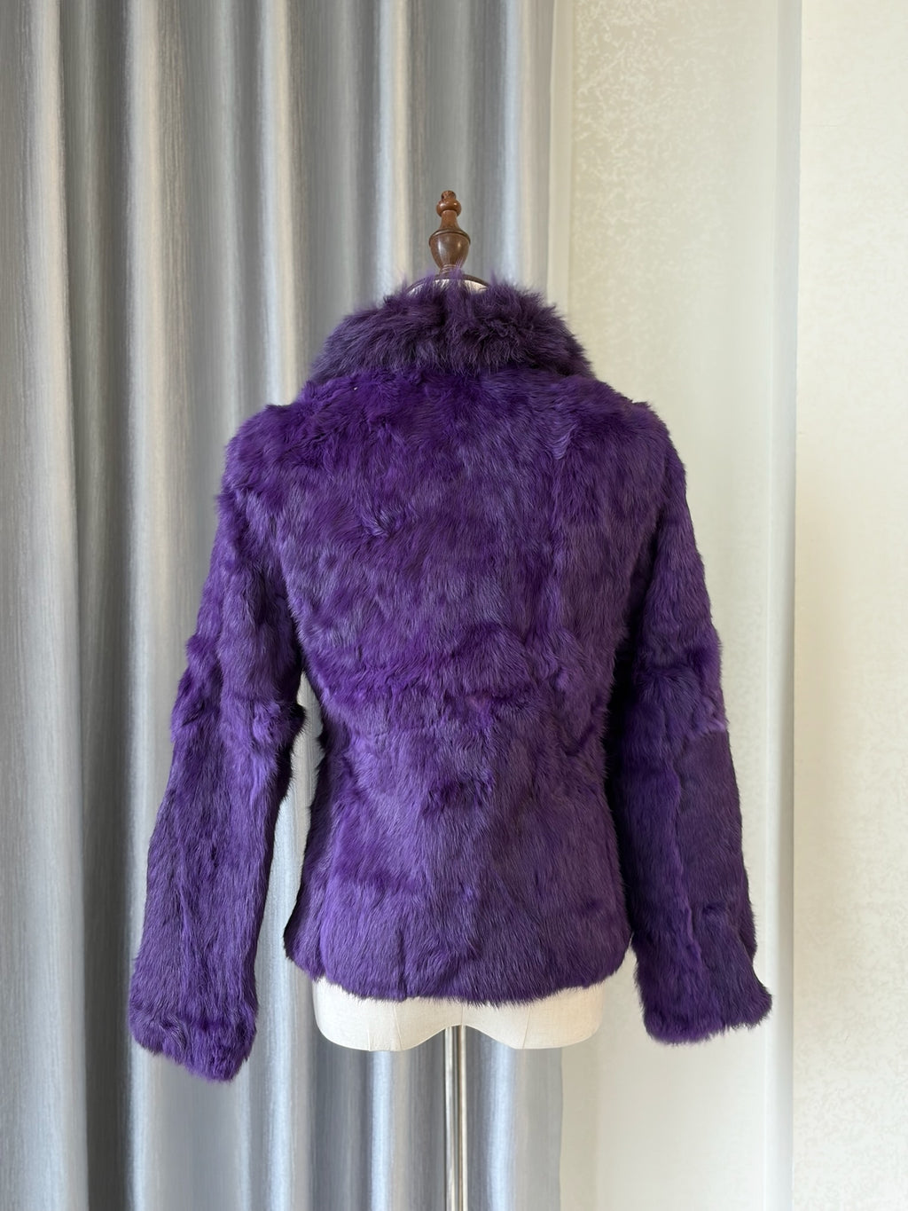Rich deep purple rabbit fur cropped jacket fitted with fluffy wide turn-down collar