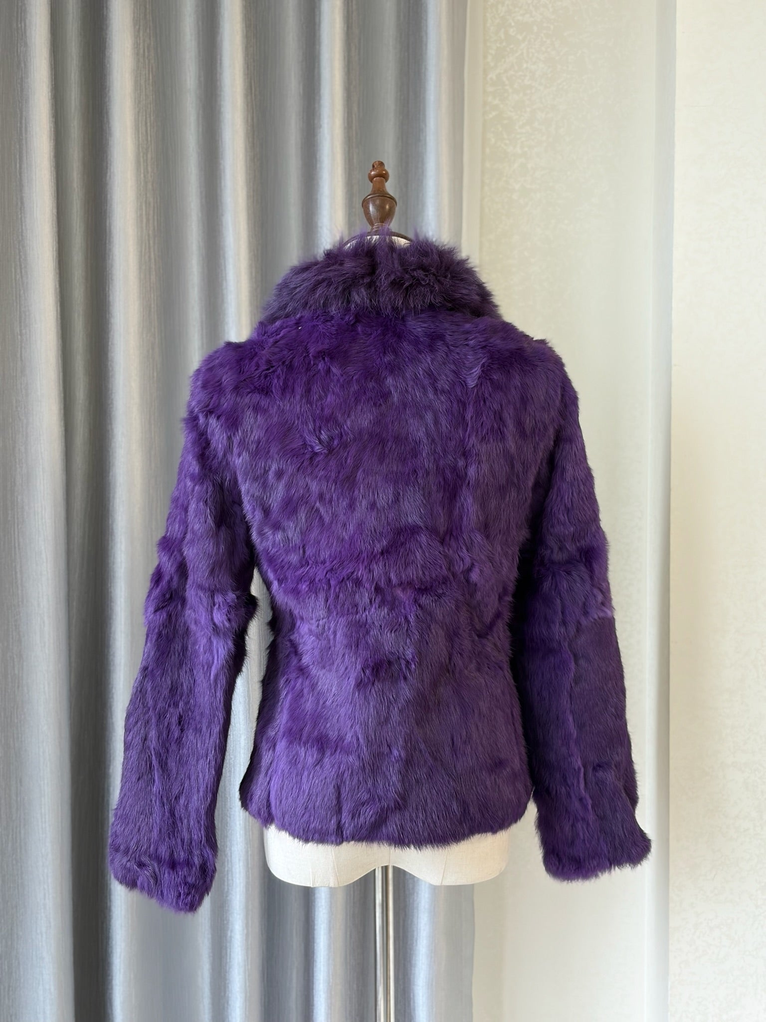 Rich deep purple rabbit fur cropped jacket fitted with fluffy wide turn-down collar