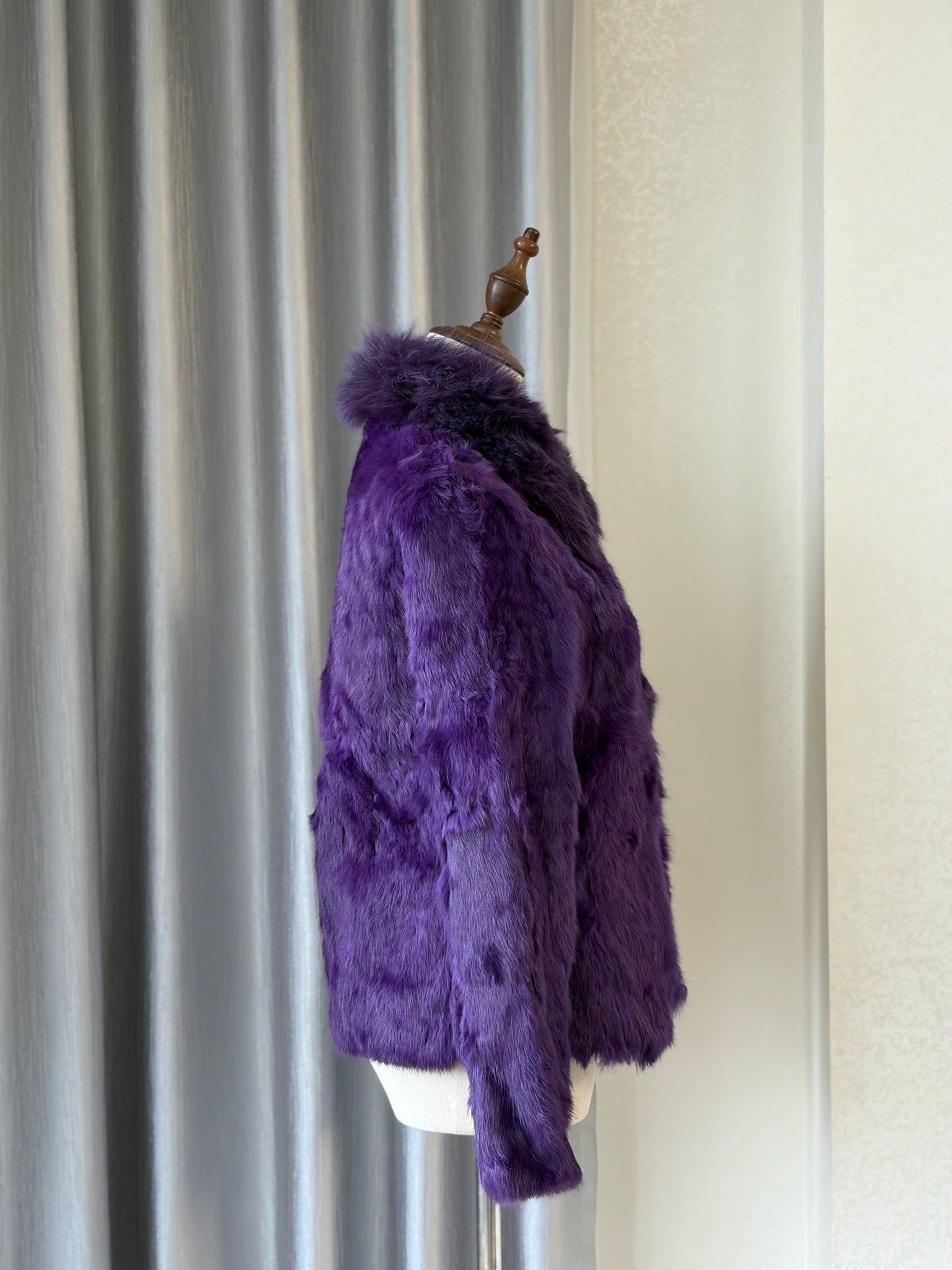 Rich deep purple rabbit fur cropped jacket fitted with fluffy wide turn-down collar
