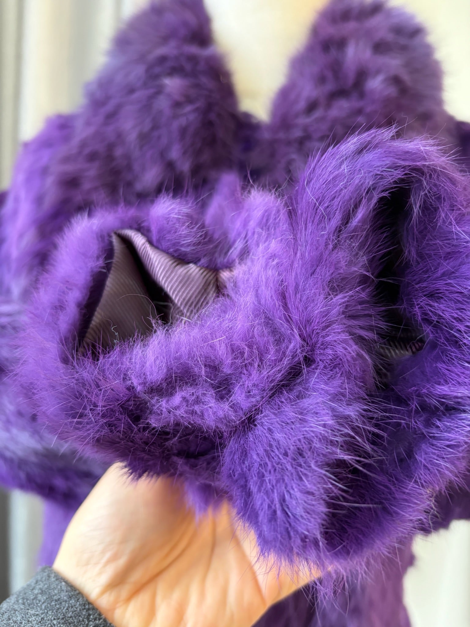 Rich deep purple rabbit fur cropped jacket fitted with fluffy wide turn-down collar