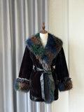 Black plush fur mid-length coat trimmed with multi-toned mixed fur on collar and cuffs