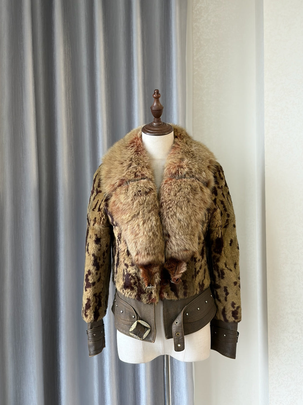 Earthy gold spotted fur cropped jacket with oversized thick fur lapel