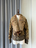 Earthy gold spotted fur cropped jacket with oversized thick fur lapel