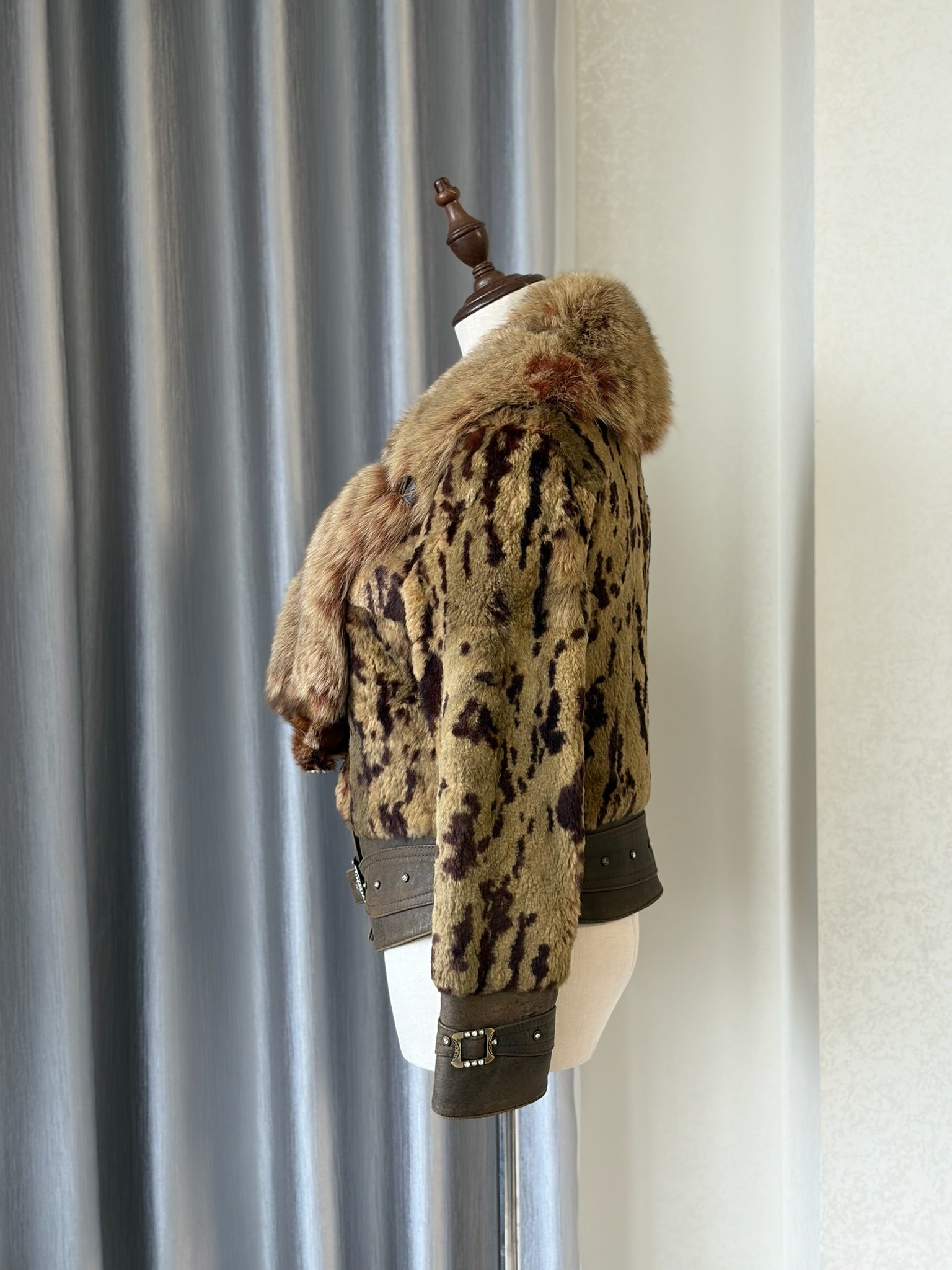 Earthy gold spotted fur cropped jacket with oversized thick fur lapel