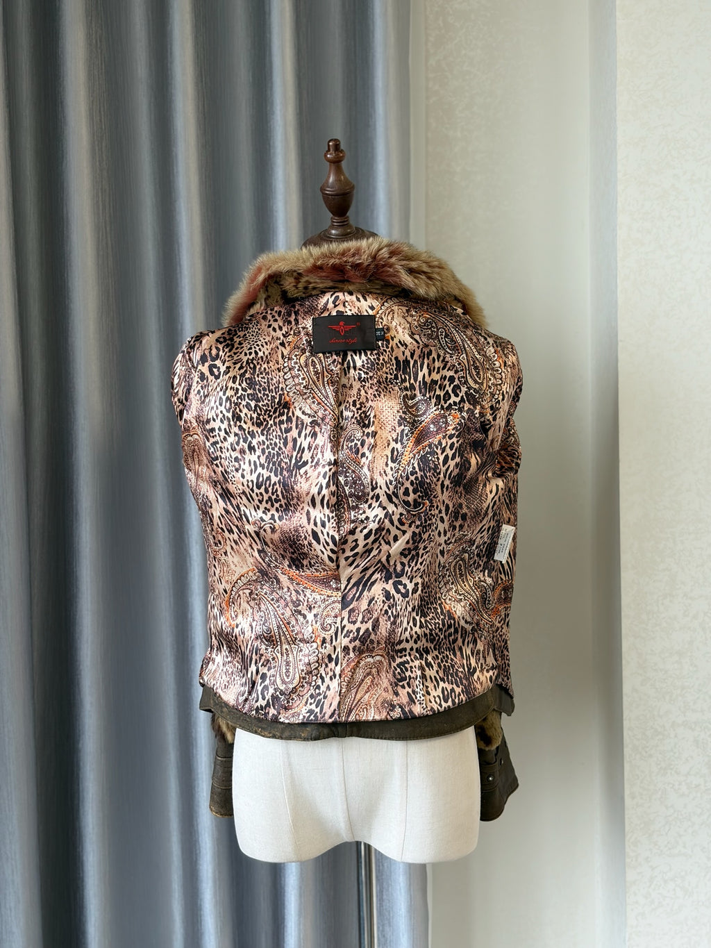 Earthy gold spotted fur cropped jacket with oversized thick fur lapel