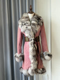 Vintage dusty pink suede fox fur mid-length coat