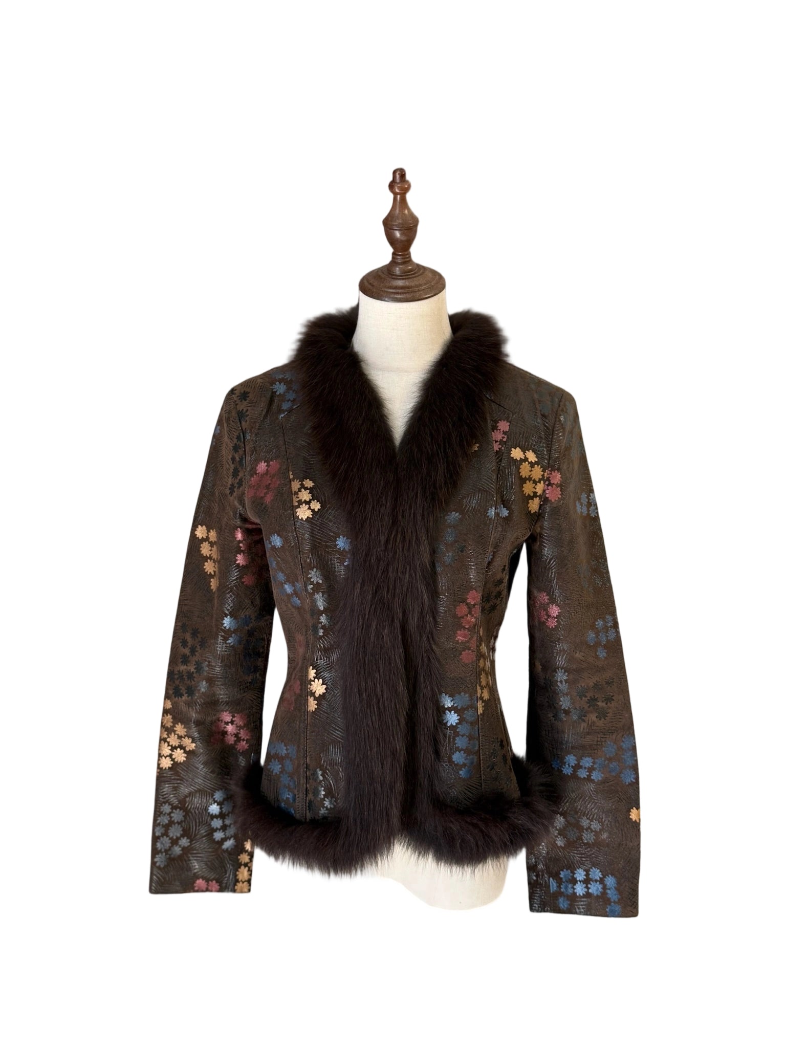 Brown leather jacket with fur trim and printed flowers