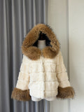 Cream-white horizontally-seamed fur jacket