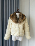 Off-white horizontally segmented cropped fur coat